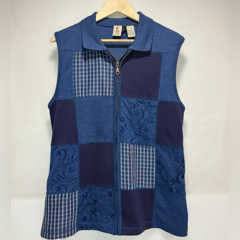 Vintage 90s Koret Blue Textured Patchwork Vest Gingham Plaid Paisley Zip Up
